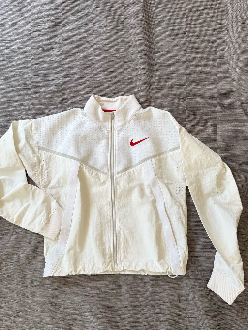 Nike White Women's Zip-Front Bomber Jacket with Red Swoosh